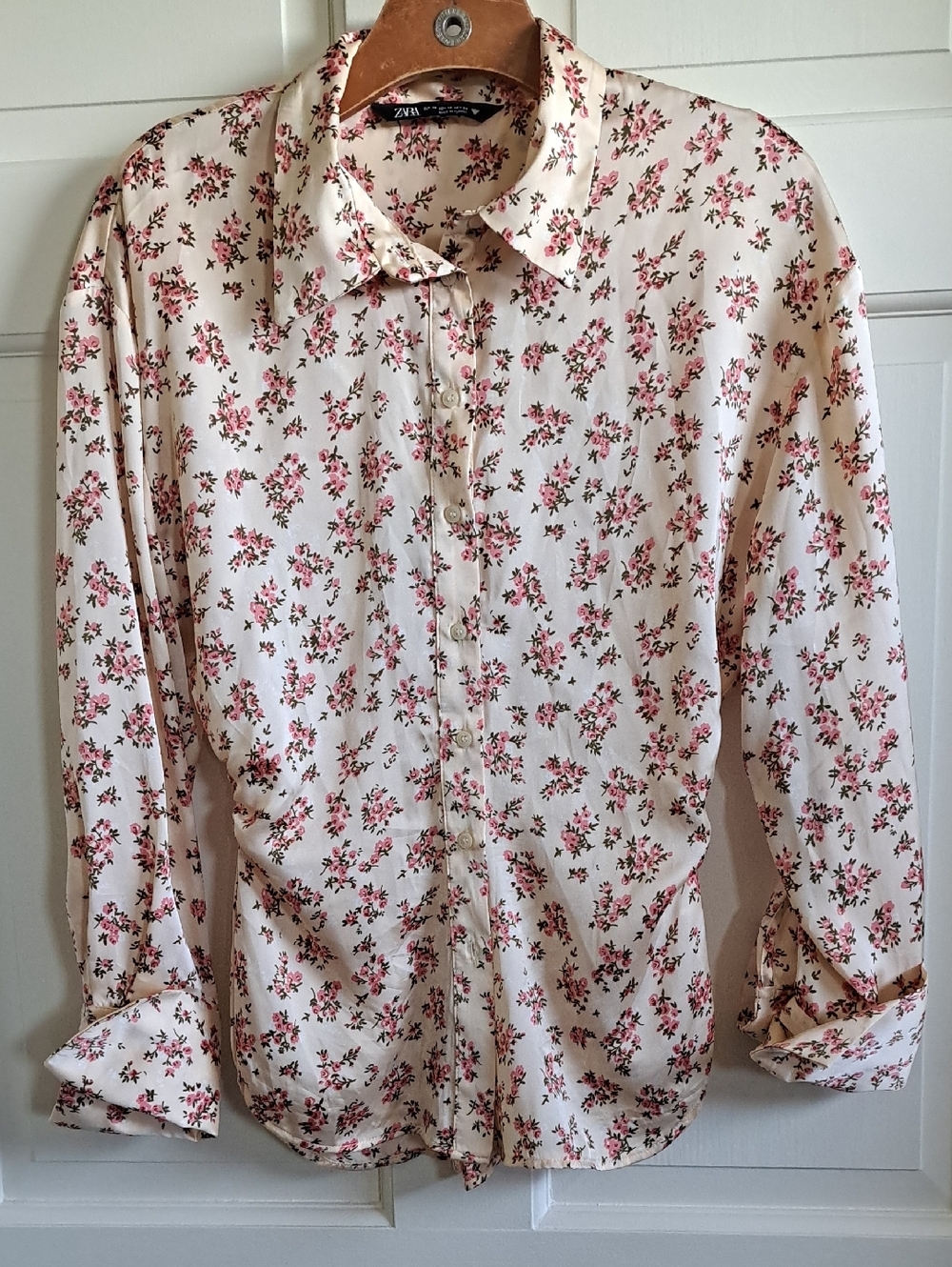 Zara Satin Waist Cinched Floral Button Front Blouse Cream Pink Dressy Feminine